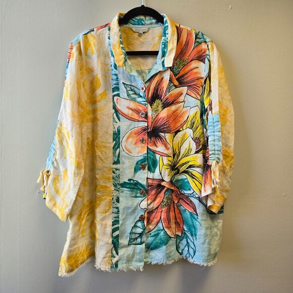 John Mark XL Floral Linen Button-Down Tropical Shirt Artsy Watercolor - Picture 1 of 13